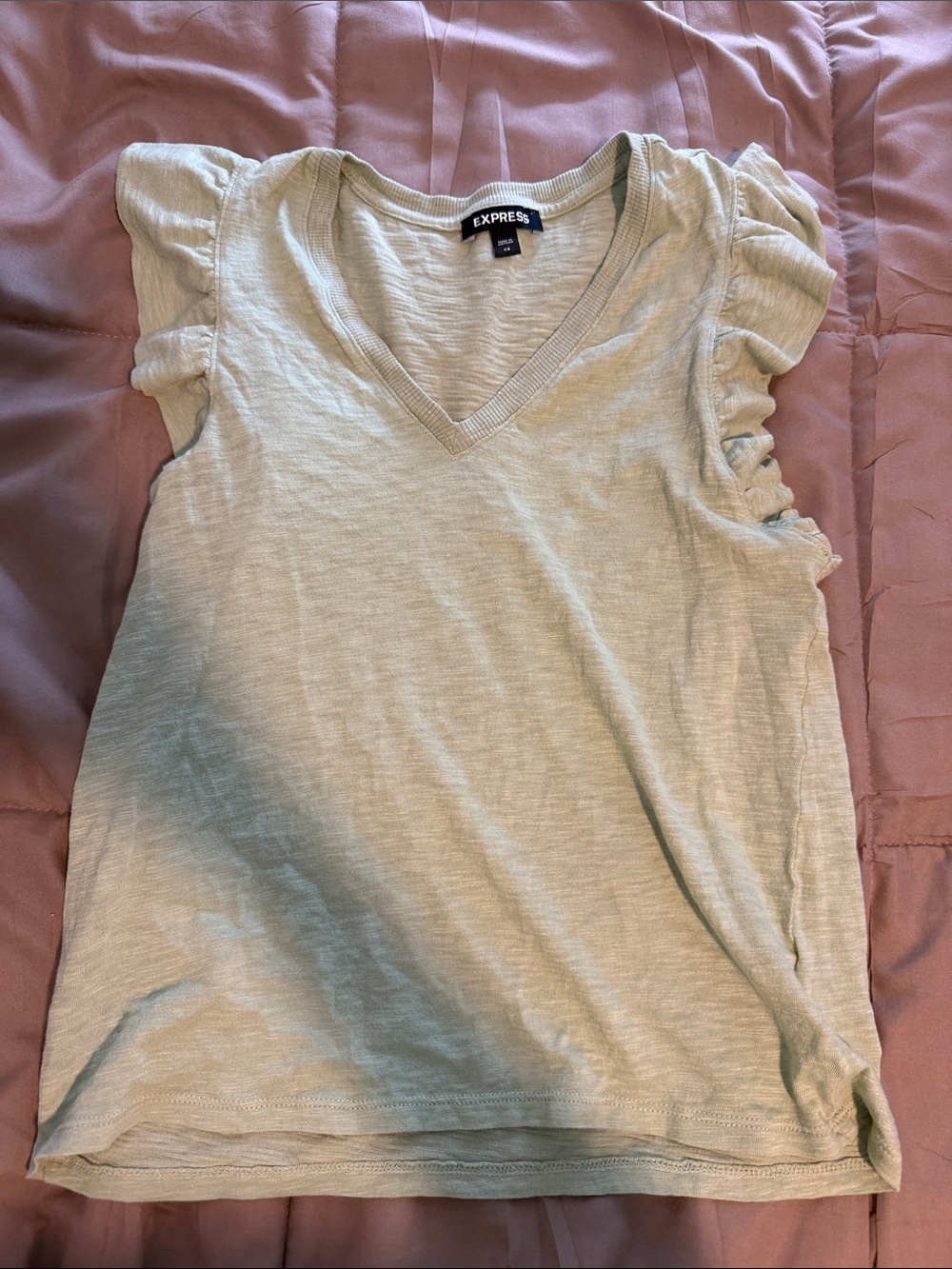 Express Light Sage Ruffle Sleeve V-Neck Tank Top